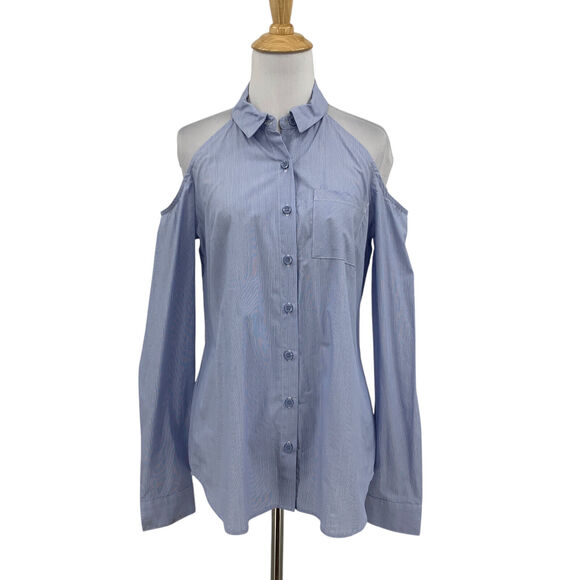 BCBGeneration Shirt Womens S Small Blue Striped Collar Cold Shoulder Button Up - Picture 1 of 16